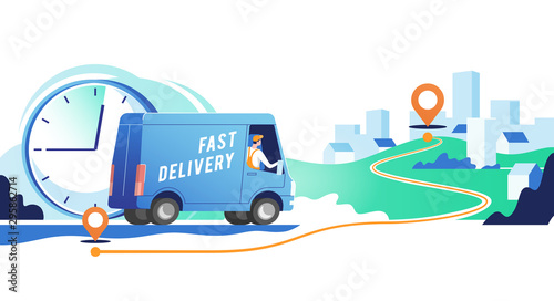 Delivery truck with man is carrying parcels on points. Concept online map, tracking, service. Vector illustration.