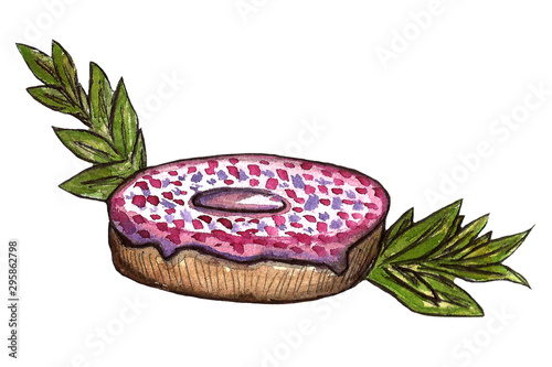 Set of chocolate sweets: donut, cake, cookies, cupcake, woopie pie, macarons. Hand drawn watercolor illustration photo