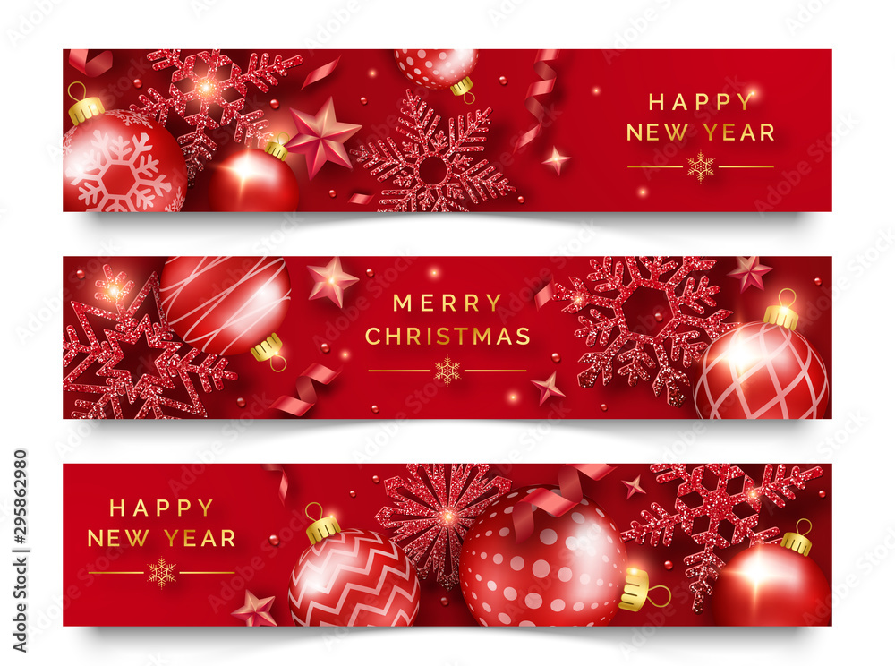 Three Christmas horizontal banners with shining snowflakes, ribbons, stars and colorful balls. New year and Christmas card illustration on red background