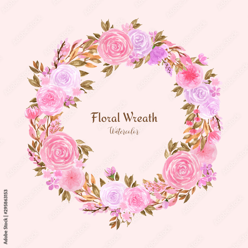 Beautiful watercolor floral wreath with pastel pink roses