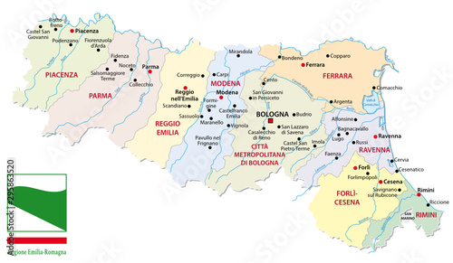 map of the italian region emilia romagna with provinces and flag