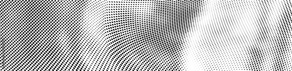 Abstract halftone of dots background. Monochrome texture of waves of dots black on white. Poster pop art