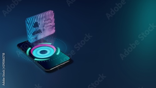 3D rendering neon holographic phone symbol of address card icon on dark background