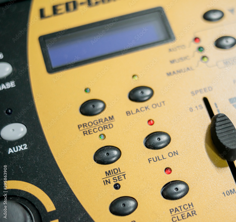 Buttons and fader of a dmx table for stage and event lighting Buttons and fader of a dmx table for stage and event lighting