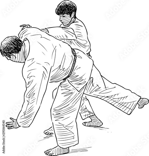 Sketch of wrestling coach and his student in training combat