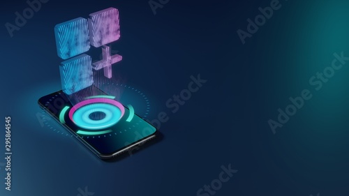 3D rendering neon holographic phone symbol of mobile app icon on dark background