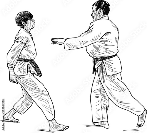 Sketch of wrestling coach and his teen student in training combat