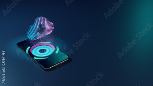 3D rendering neon holographic phone symbol of cloud download icon on dark background