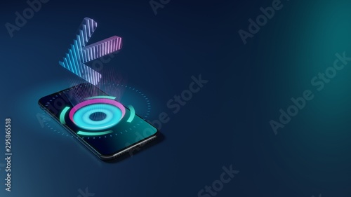 3D rendering neon holographic phone symbol of arrow left icon on dark background