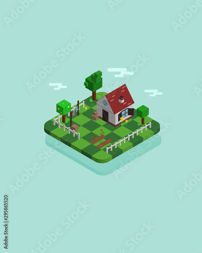 Isometric cubic illustration on a blue background. Country house.