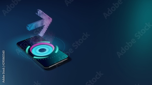 3D rendering neon holographic phone symbol of arrow right icon on dark background