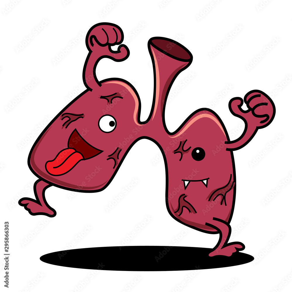 Fototapeta premium Happy halloween. Bad damaged lung cartoon character dancing. Vector mascot illustration