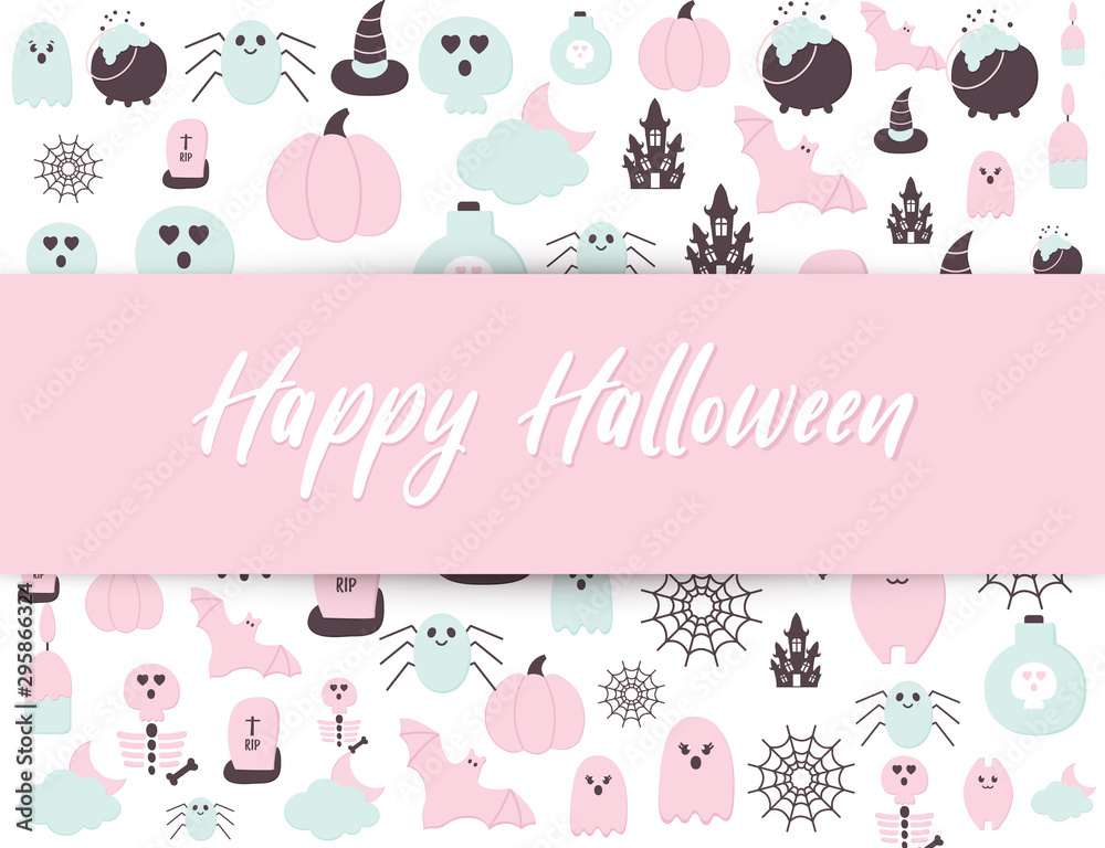 Happy Halloween cute poster with Helloween party icons and text. Pastel Pink Blue color Halloween scary ghost, pumpkin, haunted house, bat, tomb, skull, spider net. Seasonal.
