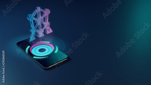 3D rendering neon holographic phone symbol of atomium icon on dark background