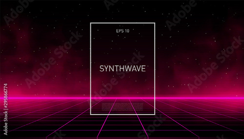 Synthwave pink cyber laser grid with glowing fog and horizon on starry space background. Design for poster, cover, wallpaper, web, banner, etc.