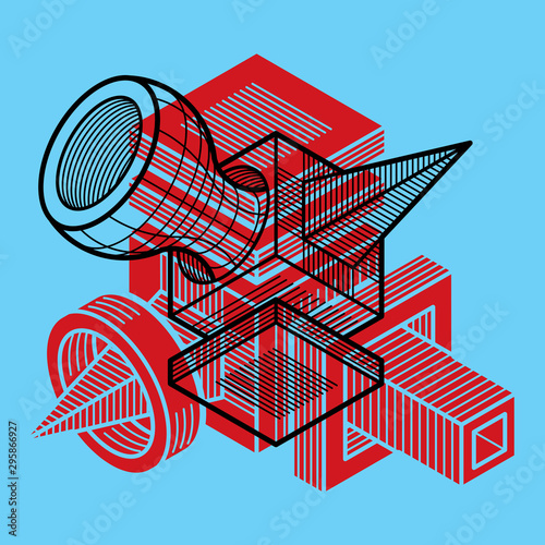 Abstract trigonometric construction, vector dimensional design template.