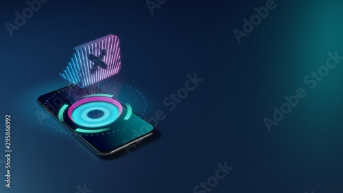3D rendering neon holographic phone symbol of backspace icon on dark background