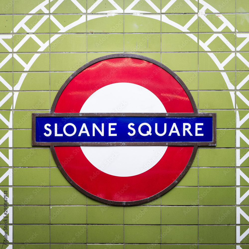Sloane Square tube station sign London Underground roundel Stock