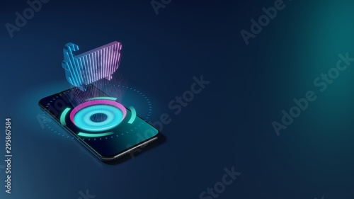 3D rendering neon holographic phone symbol of bathtub icon on dark background