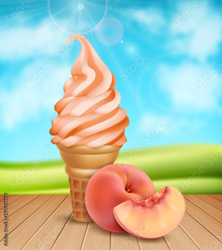 3d realistic ice cream cone with fresh peaches on blue sky background