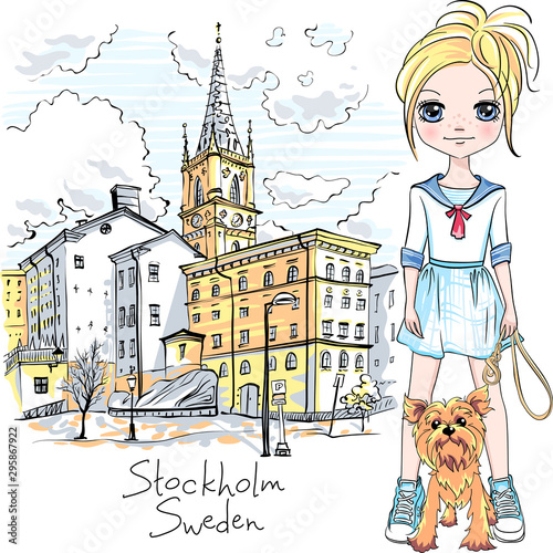 Canvas Print Girl with dog in Stockholm