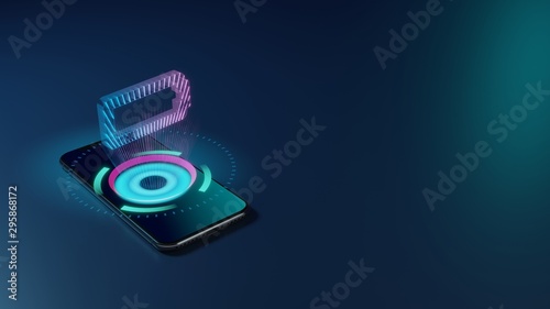 3D rendering neon holographic phone horizontal symbol of battery empty icon on dark background