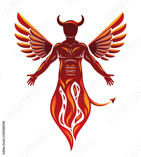 Vector individual, mystic character made with wings and emerging from fire. Demonic infernal creature, horned wicked Lucifer.