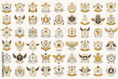 Fototapeta Naklejka Na Ścianę i Meble -  Classic style emblems big set, ancient heraldic symbols awards and labels collection, classical heraldry design elements, family or business emblems.
