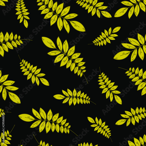 Seamless leaf pattern. Motifs scattered random. Seamless vector texture. Elegant template for fashion prints. Yellow leaves on black background. Texture for textile, wrapping paper, cover, backg