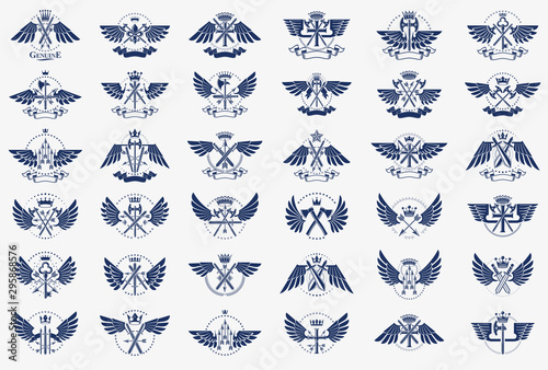 Vintage weapon vector logos or emblems, heraldic design elements big set, classic style heraldry military war armory symbols, antique knives compositions.