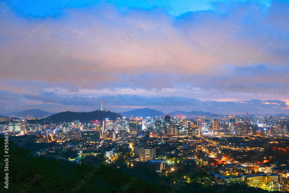 View of downtown cityscape and Seoul tower in Seoul, South Korea.