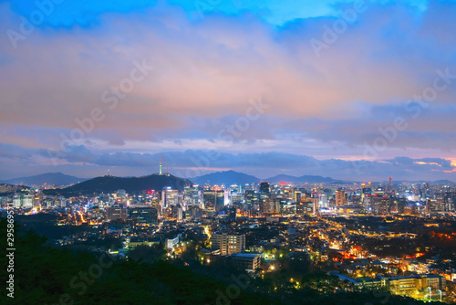 View of downtown cityscape and Seoul tower in Seoul  South Korea.