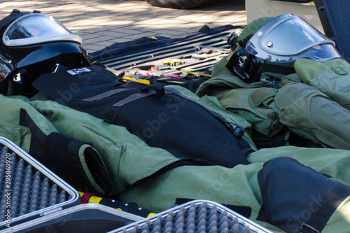 Equipment of the special police for demining objects. Mine clearance.