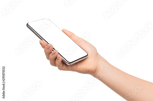Smartphone with blank screen in female hands on white background