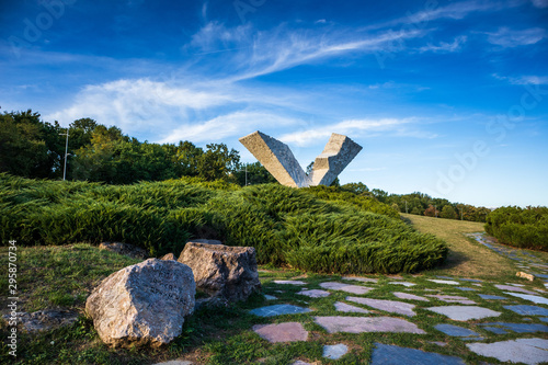 Monument broken wings, also called V/3, dedicated to the victims of WW2 in memorial park Sumarice, Kragujevac, Serbia
