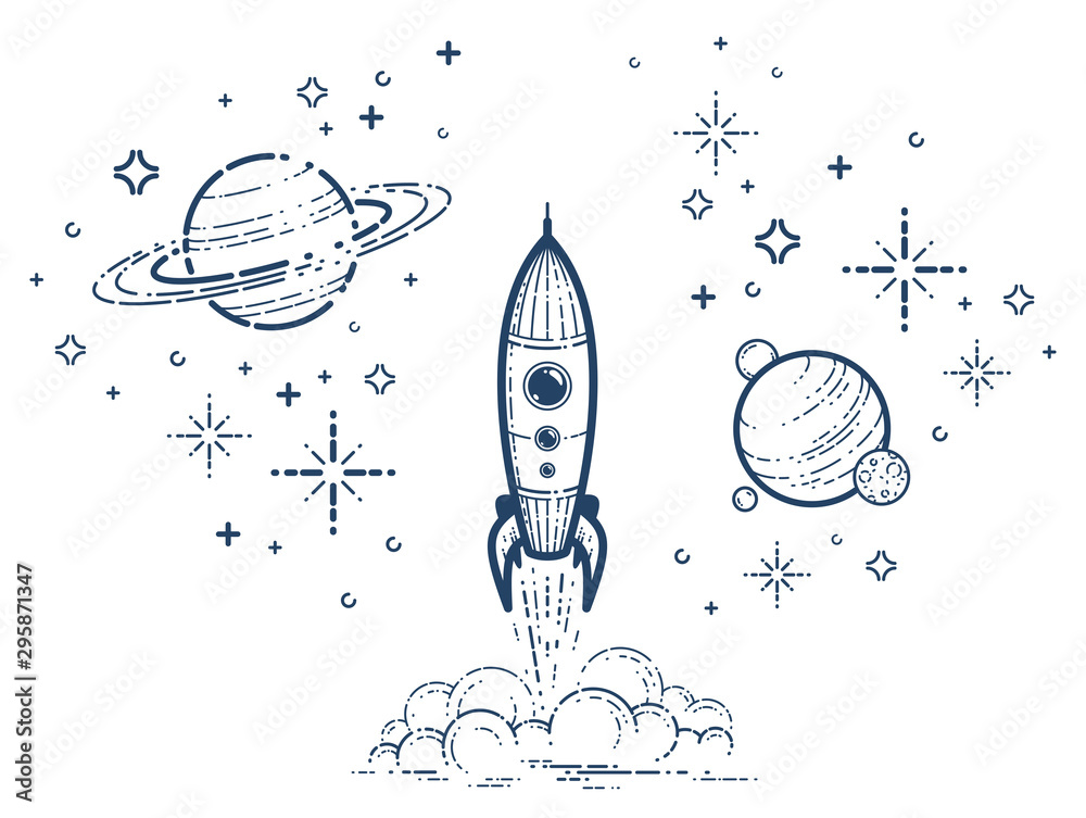 Rocket launch vector simple linear icon, missile start up business line art illustration, space technology and science, science fiction literature sign. Rocket launch vector simple linear icon, missile start up business line art illustration, space technology and science, science fiction literature sign.