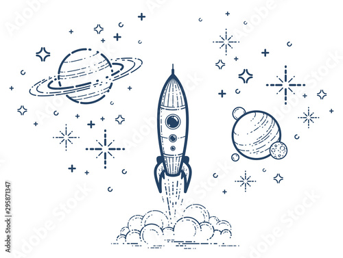 Rocket launch vector simple linear icon, missile start up business line art illustration, space technology and science, science fiction literature sign.