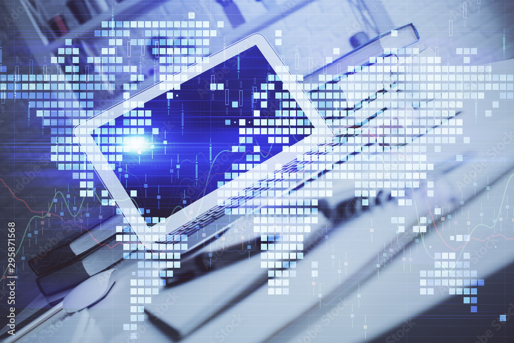 Multi exposure of business theme icons and table with computer background. Concept of success. Multi exposure of business theme icons and table with computer background. Concept of success.