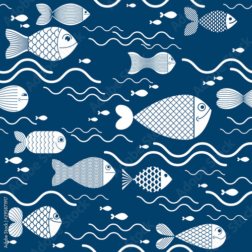 Cute fiches seamless background, seamless pattern, cute childish background for children textile or wrapping paper or packaging for seafood products.