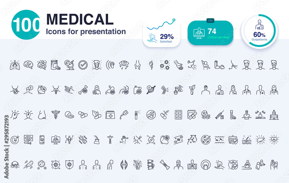 100 Medical line icon for presentation. Included icons as report, biotechnology, hospital, health, data and more. - obrazy, fototapety, plakaty 
