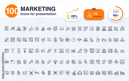 100 Marketing line icon for presentation. Included icons as social media, digital marketing, advertise, report, data and more.