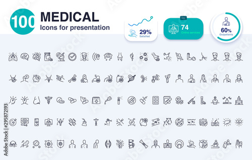 100 Medical line icon for presentation. Included icons as report, biotechnology, hospital, health, data and more.