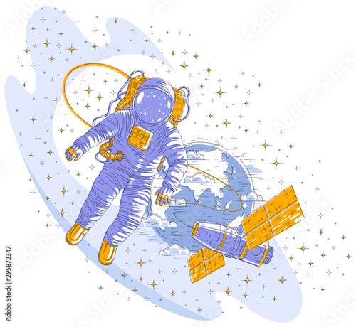 Spaceman flying open space connected to space station and earth planet in background, astronaut man or woman in spacesuit floating in weightlessness and spacecraft, stars and other elements. Vector.