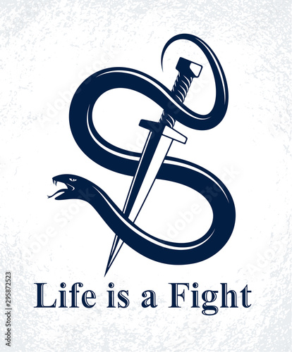 Dagger kills a Snake, defeated Serpent wraps around a sword vector vintage tattoo, Life is a Fight concept, allegorical logo or emblem of ancient symbol.
