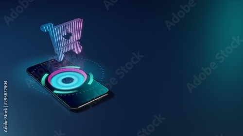 3D rendering neon holographic phone symbol of cart arrow down icon on dark background
