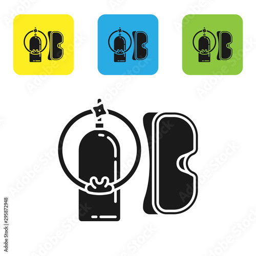 Black Diving mask and aqualung icon isolated on white background. Oxygen tank for diver. Extreme sport. Sport equipment. Set icons colorful square buttons. Vector Illustration