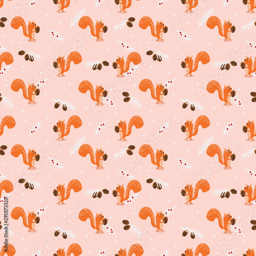 Cute squirrel in Christmas winter seamless pattern.