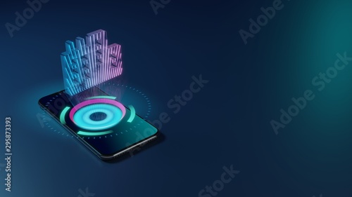 3D rendering neon holographic phone symbol of city icon on dark background