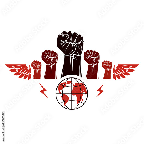 Clenched fists of angry people winged vector emblem composed with Earth globe symbol. Civil war abstract illustration. Social revolution concept.