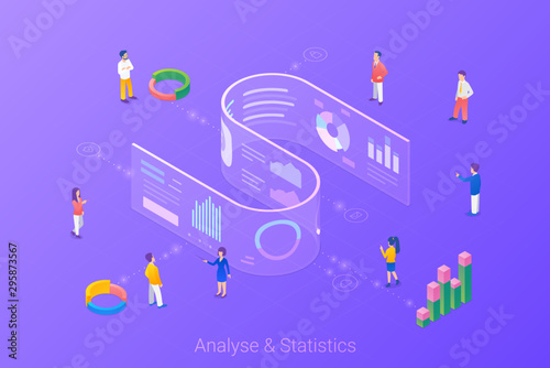 Analyse Statistics Big Data Charts Diagrams Isometric Flat vector illustration. People working with future interface HUD on virtual transparent wall.